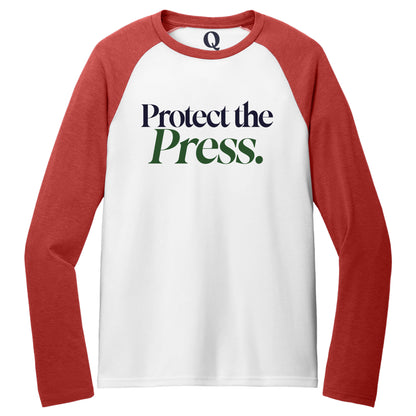 "Protect the Press." Quorum Tri-Blend Colorblock Raglan front print in Rise Up Red / Bright White