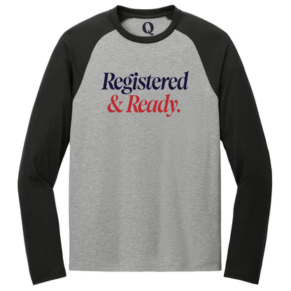 "Registered & Ready." Quorum Tri-Blend Colorblock Raglan front print in Deep Black / Aluminum Grey