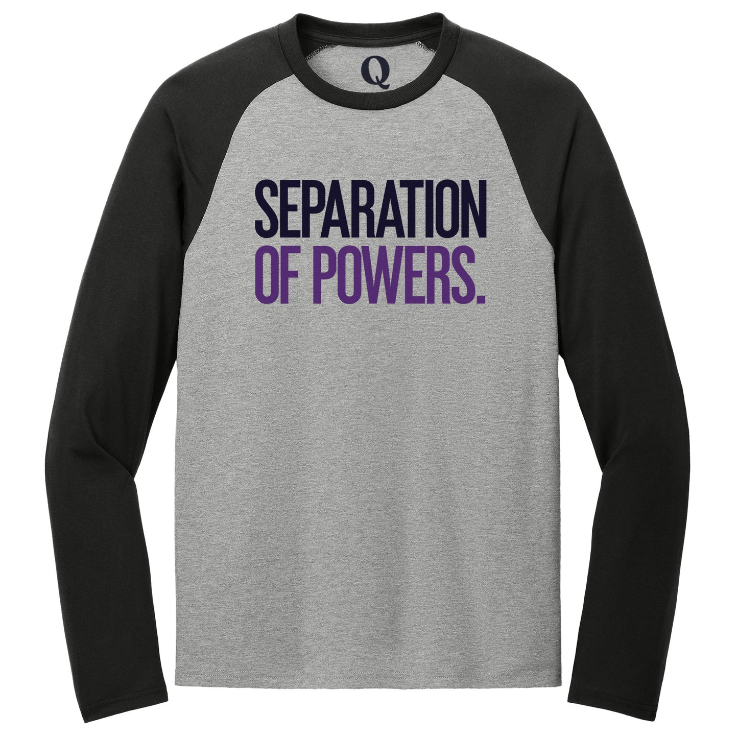 "Separation of Powers." Quorum Tri-Blend Colorblock Raglan front print in Deep Black / Aluminum Grey