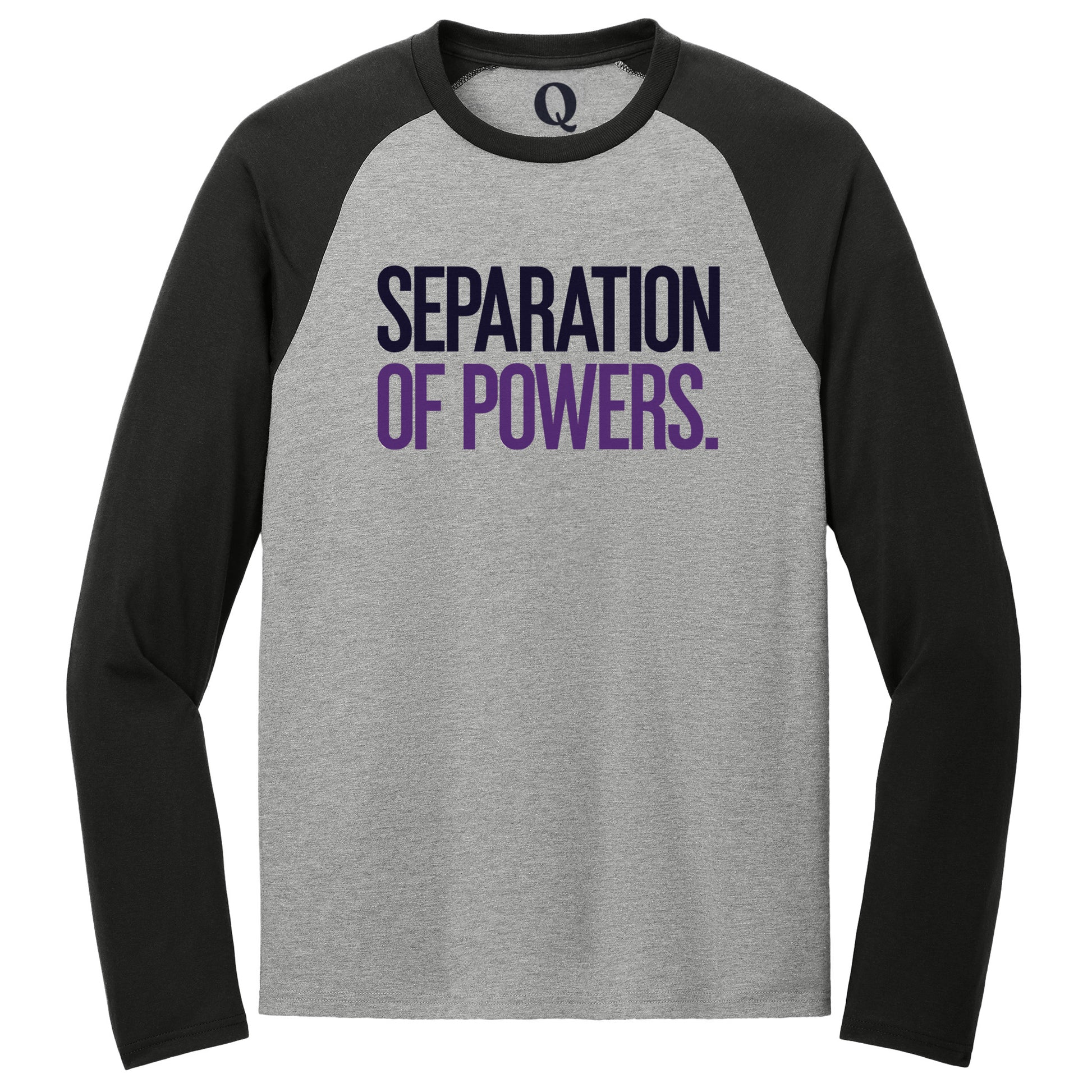 "Separation of Powers." Quorum Tri-Blend Colorblock Raglan front print in Deep Black / Aluminum Grey