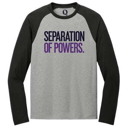 "Separation of Powers." Quorum Tri-Blend Colorblock Raglan front print in Deep Black / Aluminum Grey