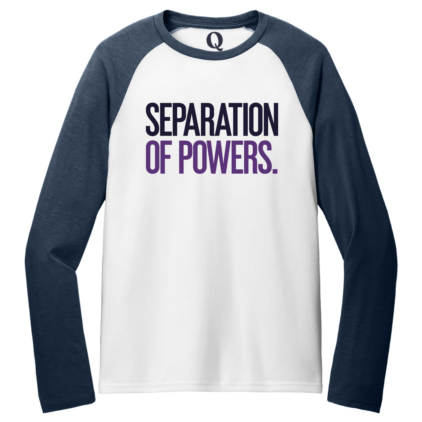"Separation of Powers." Quorum Tri-Blend Colorblock Raglan front print in Rebel Blue / Bright White