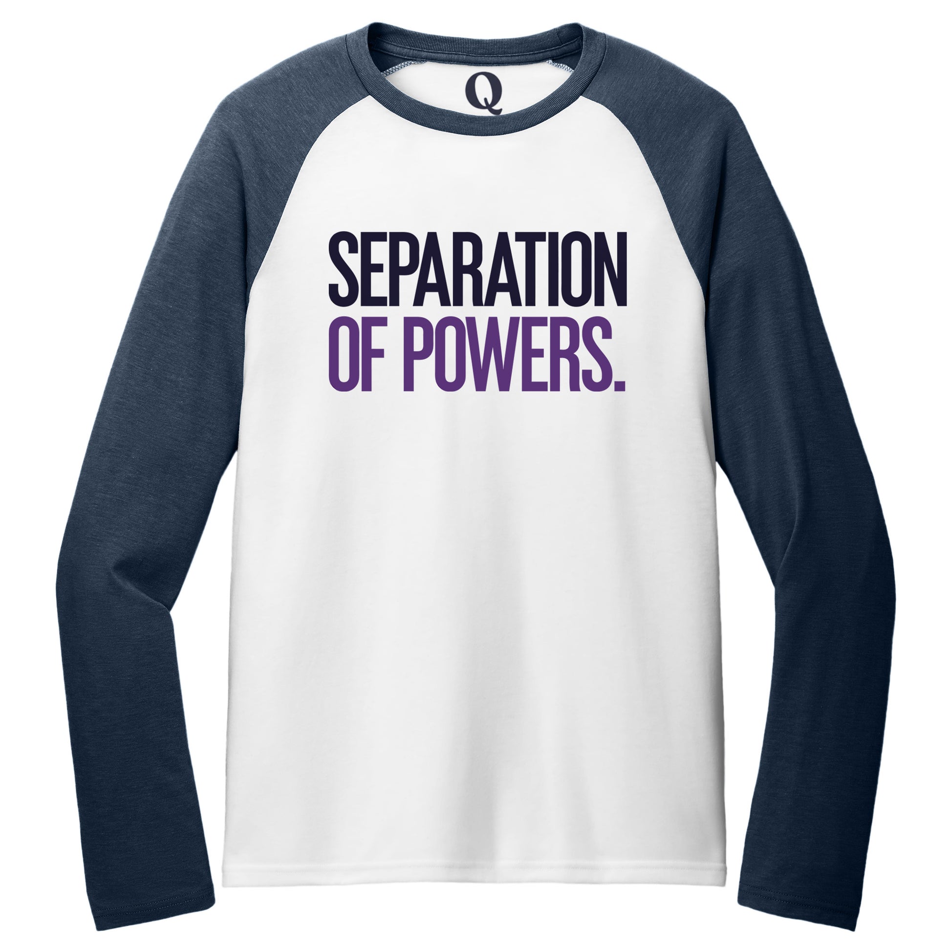 "Separation of Powers." Quorum Tri-Blend Colorblock Raglan front print in Rebel Blue / Bright White