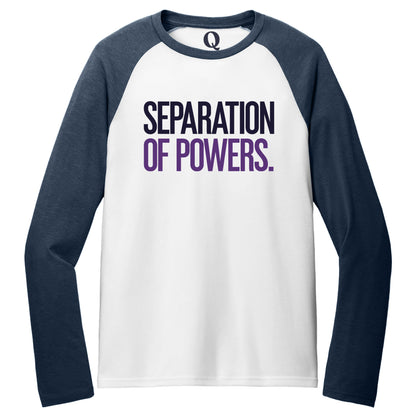 "Separation of Powers." Quorum Tri-Blend Colorblock Raglan front print in Rebel Blue / Bright White