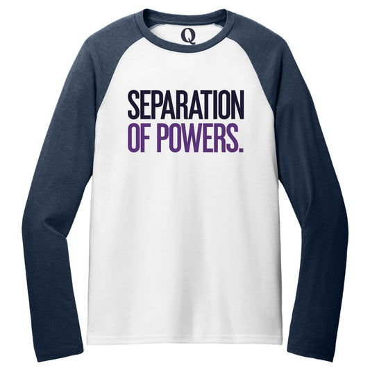 "Separation of Powers." Quorum Tri-Blend Colorblock Raglan front print in Rebel Blue / Bright White