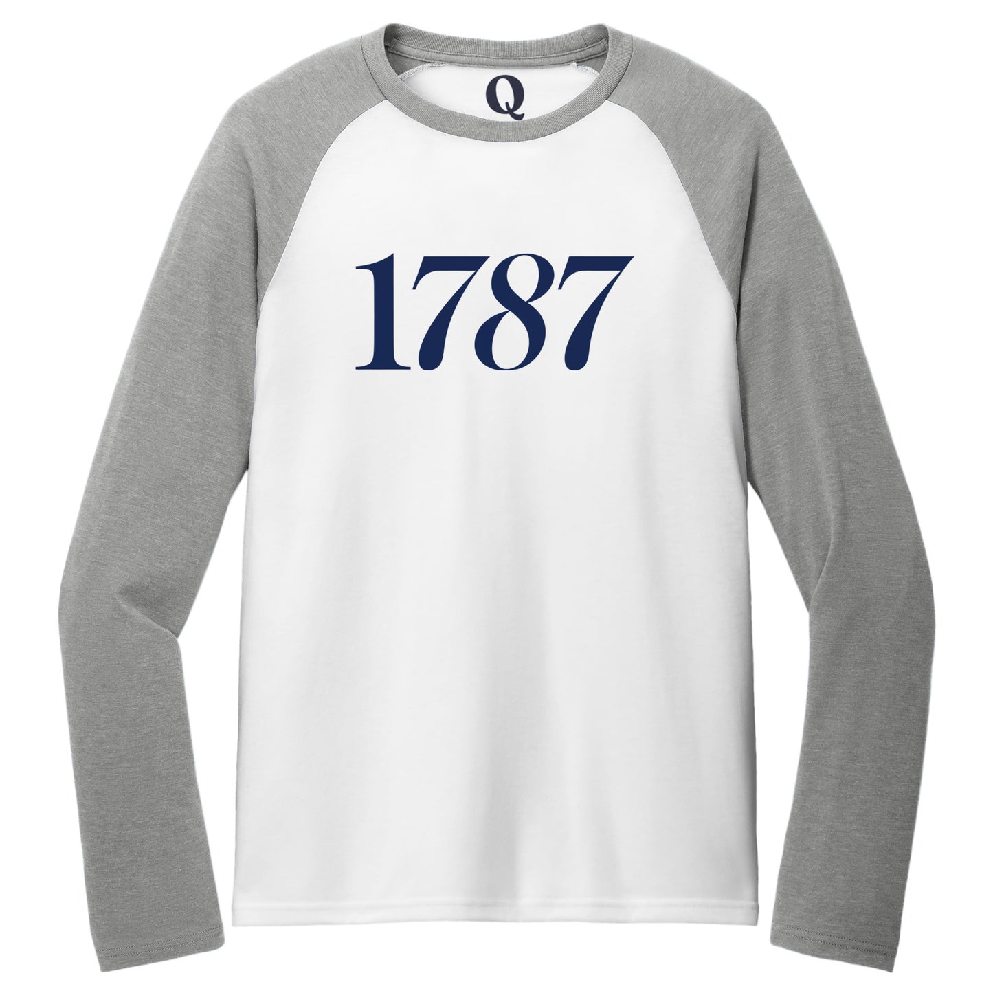 "1787." Quorum Tri-Blend Colorblock Raglan front print in Aluminum Grey / Bright White