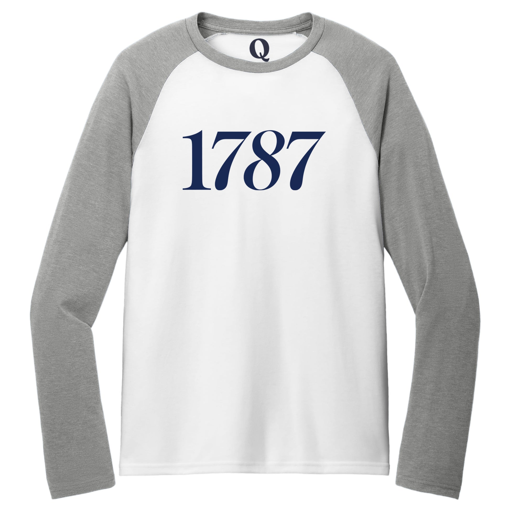 "1787." Quorum Tri-Blend Colorblock Raglan front print in Aluminum Grey / Bright White