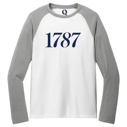 "1787." Quorum Tri-Blend Colorblock Raglan front print in Aluminum Grey / Bright White