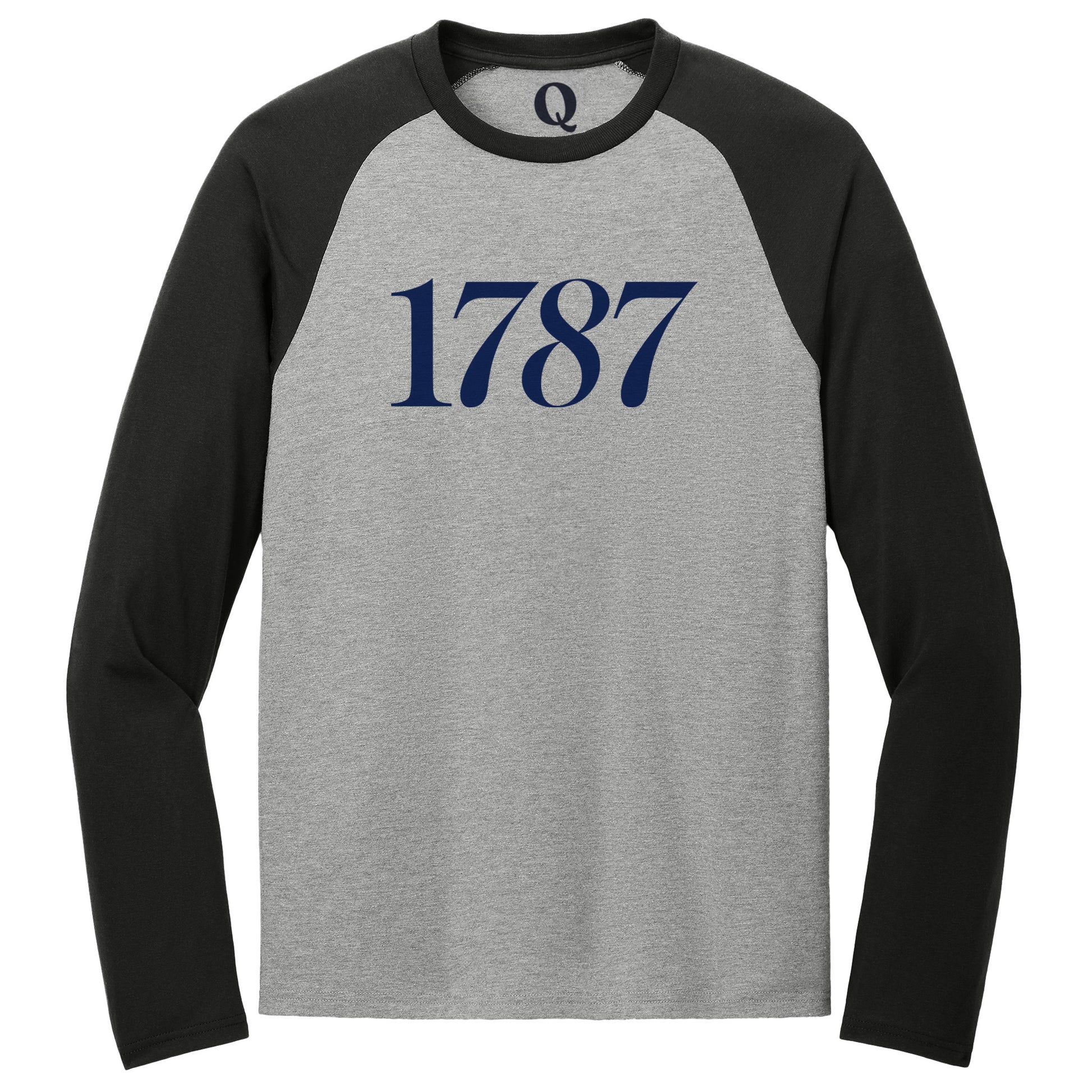 "1787." Quorum Tri-Blend Colorblock Raglan front print in Deep Black / Aluminum Grey