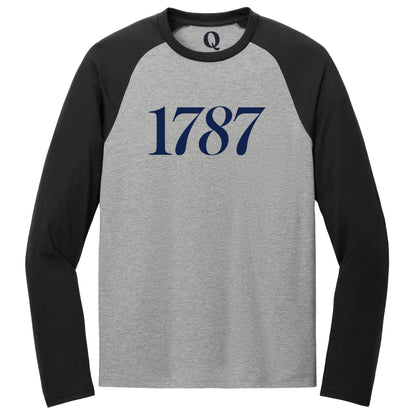 "1787." Quorum Tri-Blend Colorblock Raglan front print in Deep Black / Aluminum Grey