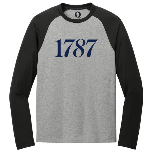 "1787." Quorum Tri-Blend Colorblock Raglan front print in Deep Black / Aluminum Grey