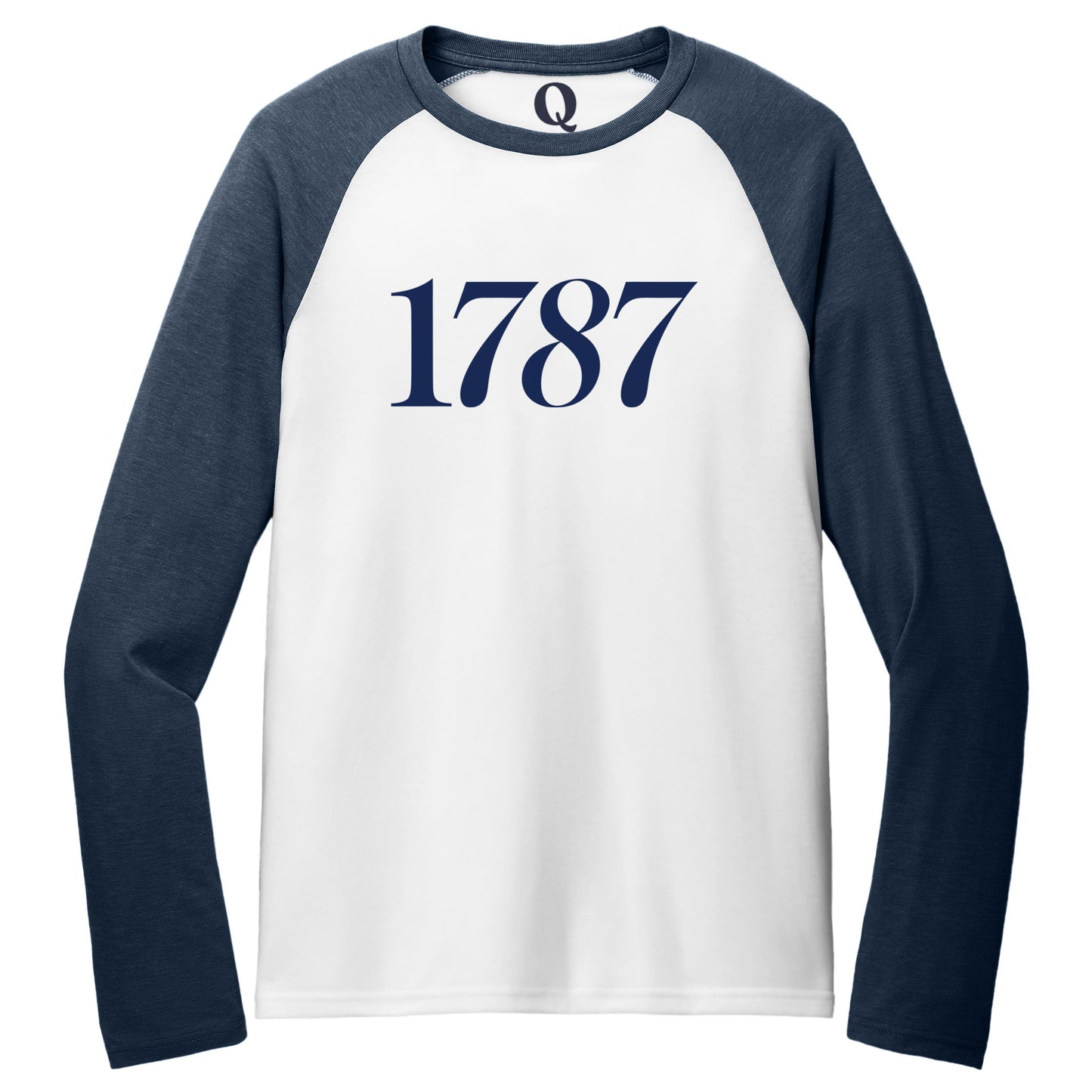 "1787." Quorum Tri-Blend Colorblock Raglan front print in Rebel Blue / Bright White