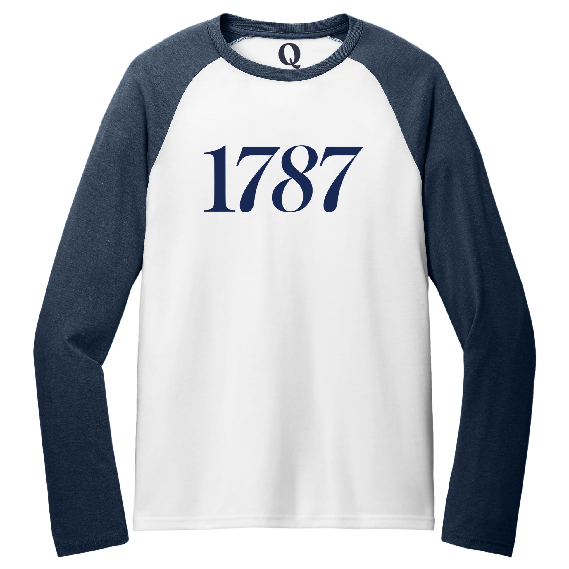 "1787." Quorum Tri-Blend Colorblock Raglan front print in Rebel Blue / Bright White
