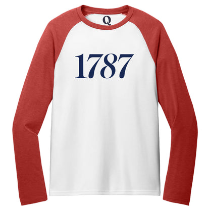 "1787." Quorum Tri-Blend Colorblock Raglan front print in Rise Up Red / Bright White