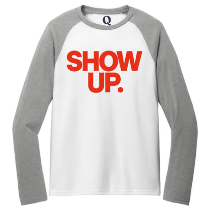 "Show up. Stand up. Suit up." Quorum Tri-Blend Colorblock Raglan front print in Aluminum Grey / Bright White