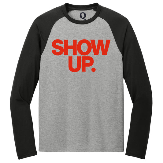 "Show up. Stand up. Suit up." Quorum Tri-Blend Colorblock Raglan front print in Deep Black / Aluminum Grey