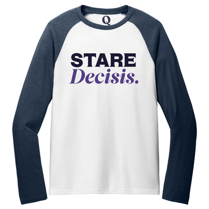 "Stare Decisis." Quorum Tri-Blend Colorblock Raglan front print in Rebel Blue / Bright White