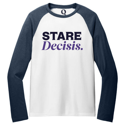 "Stare Decisis." Quorum Tri-Blend Colorblock Raglan front print in Rebel Blue / Bright White