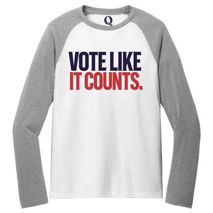 "Vote like it counts." Quorum Tri-Blend Colorblock Raglan front print in Aluminum Grey / Bright White