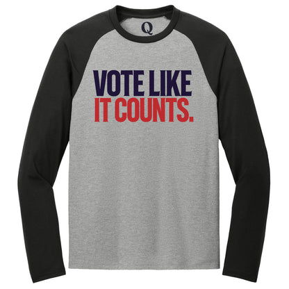 "Vote like it counts." Quorum Tri-Blend Colorblock Raglan front print in Deep Black / Aluminum Grey