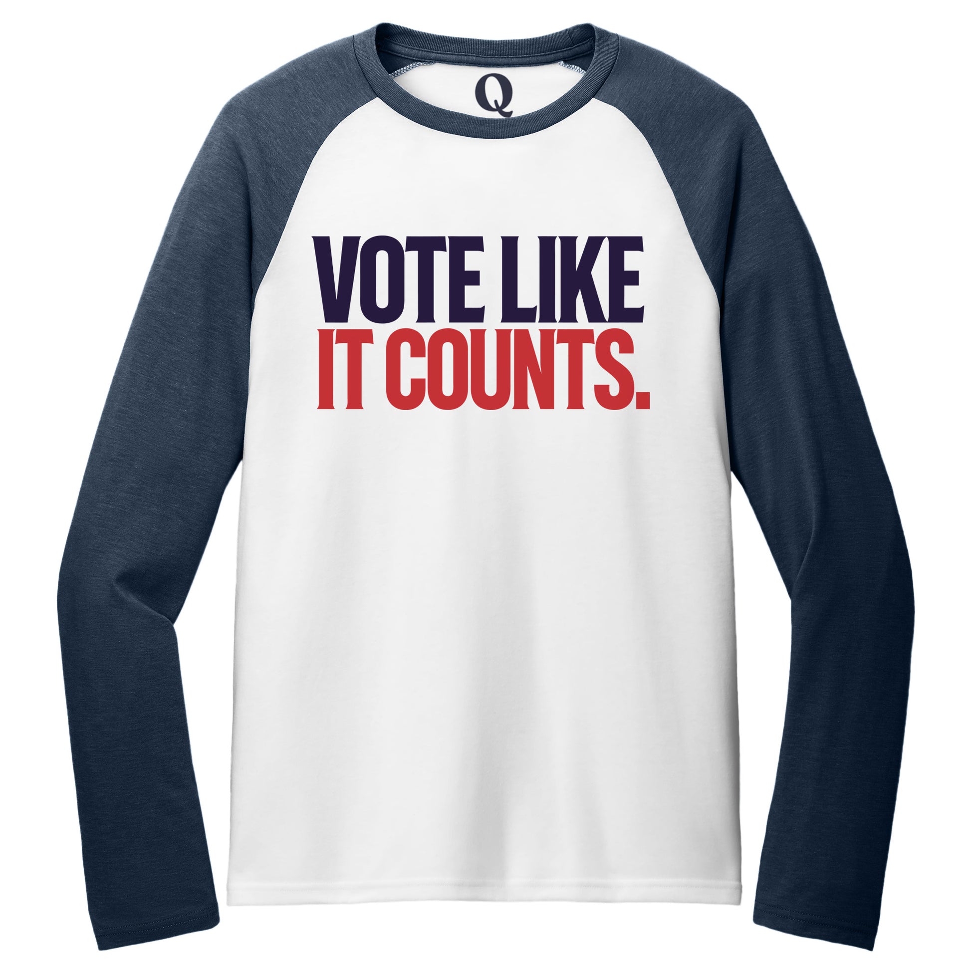 "Vote like it counts." Quorum Tri-Blend Colorblock Raglan front print in Rebel Blue / Bright White