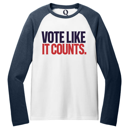 "Vote like it counts." Quorum Tri-Blend Colorblock Raglan front print in Rebel Blue / Bright White