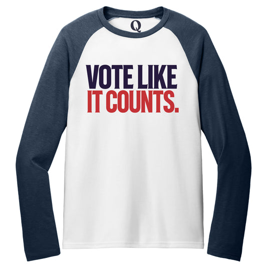 "Vote like it counts." Quorum Tri-Blend Colorblock Raglan front print in Rebel Blue / Bright White