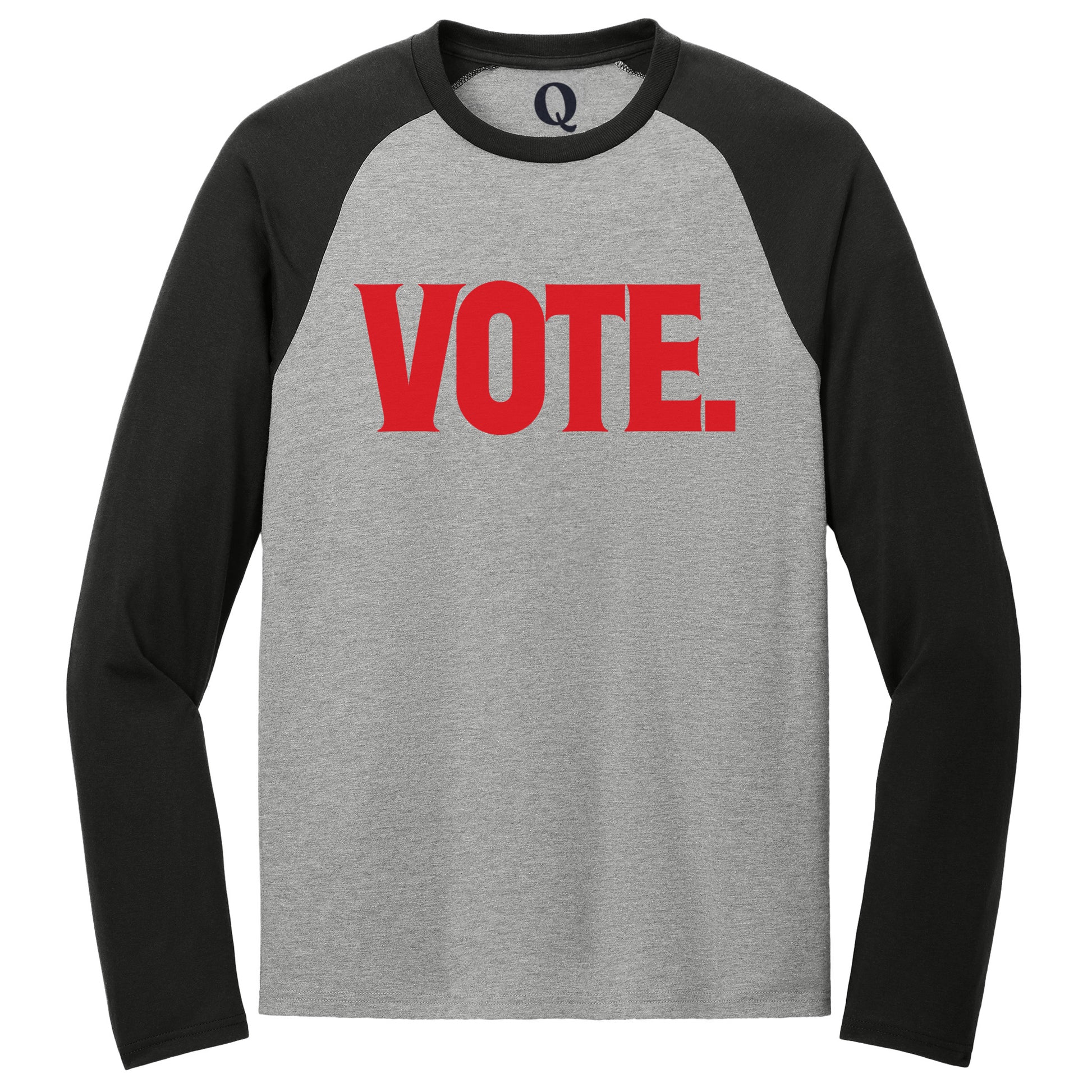"Vote." Quorum Tri-Blend Colorblock Raglan front print in Deep Black / Aluminum Grey