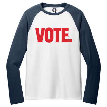 "Vote." Quorum Tri-Blend Colorblock Raglan front print in Rebel Blue / Bright White