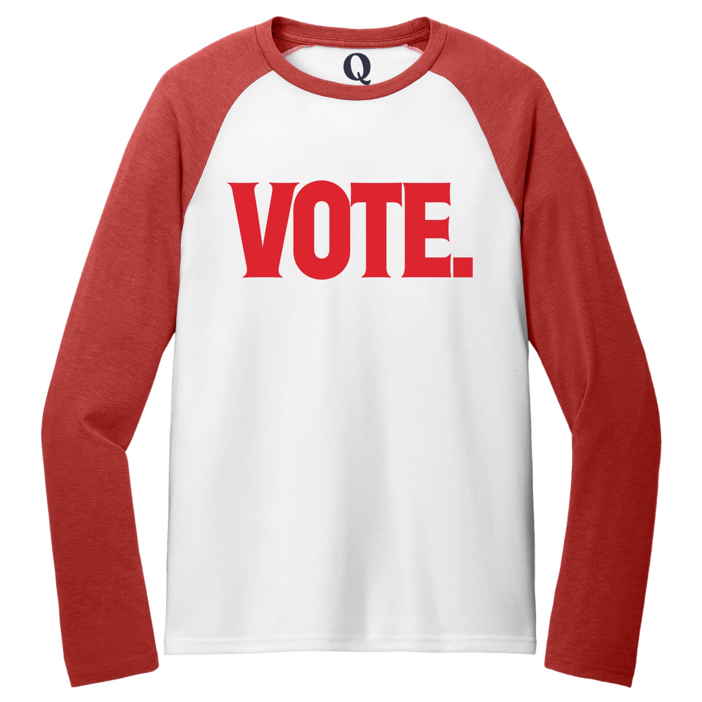 "Vote." Quorum Tri-Blend Colorblock Raglan front print in Rise Up Red / Bright White