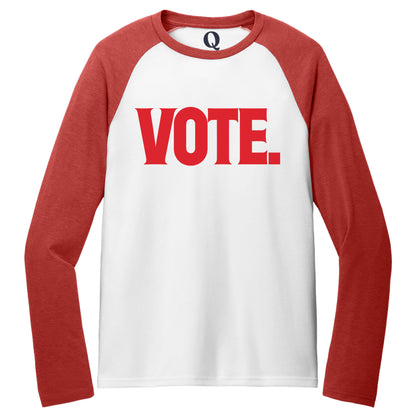 "Vote." Quorum Tri-Blend Colorblock Raglan front print in Rise Up Red / Bright White