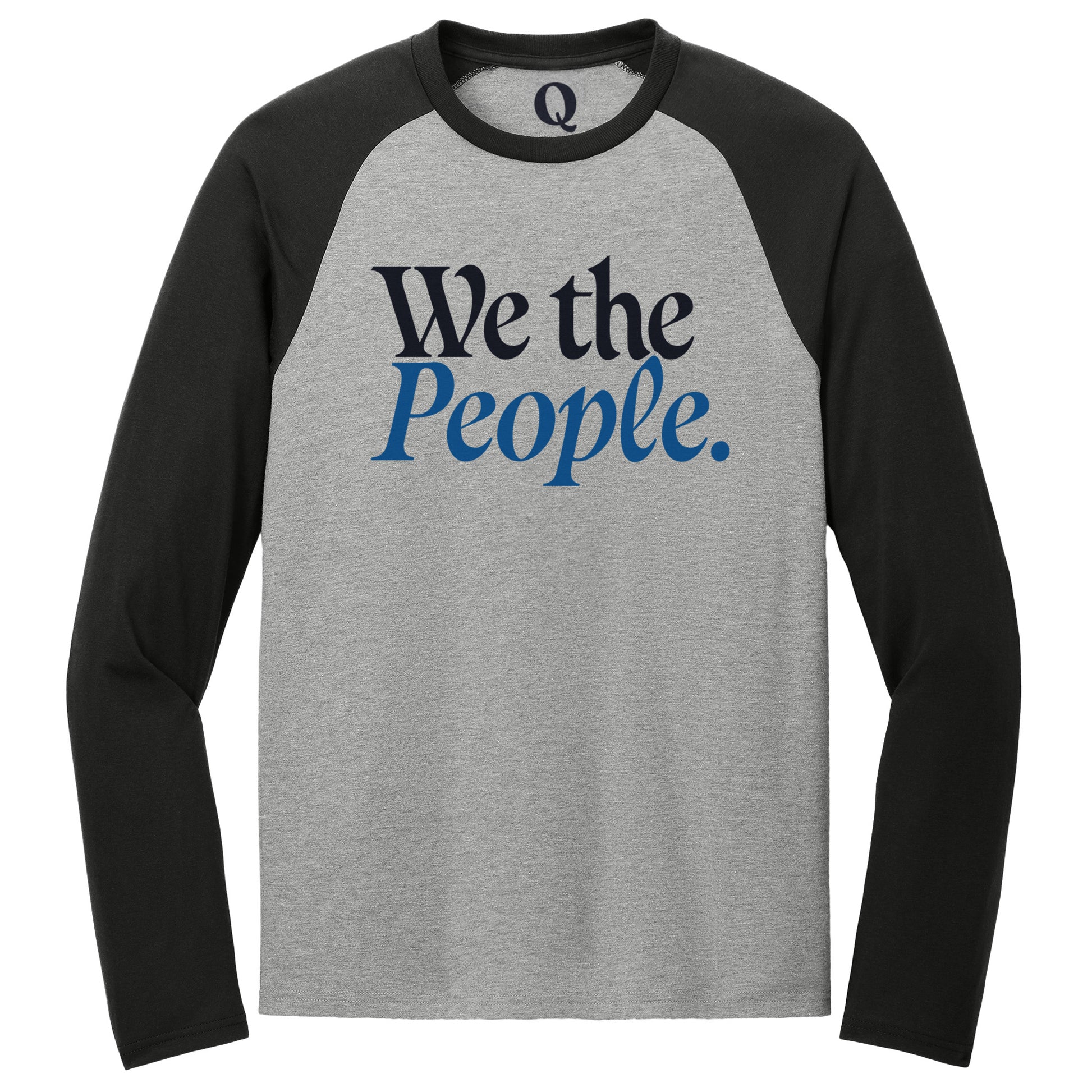 "We the People." Quorum Tri-Blend Colorblock Raglan front print in Deep Black / Aluminum Grey
