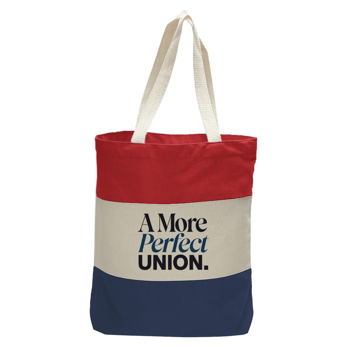 "A More Perfect Union.", Quorum Tri-Color Canvas Tote in red, natural, and navy panelled cotton canvas