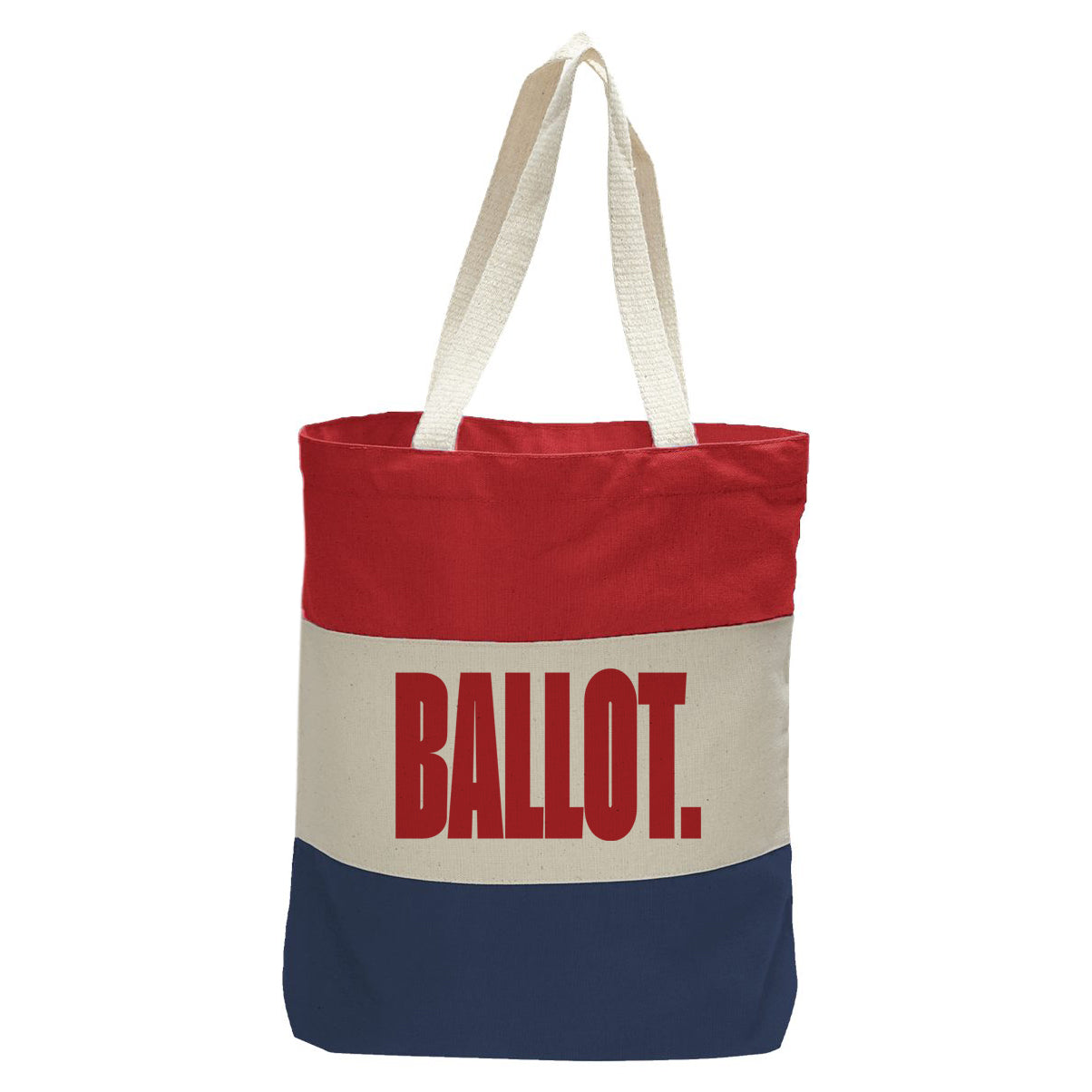 "Ballot.", Quorum Tri-Color Canvas Tote in red, natural, and navy panelled cotton canvas