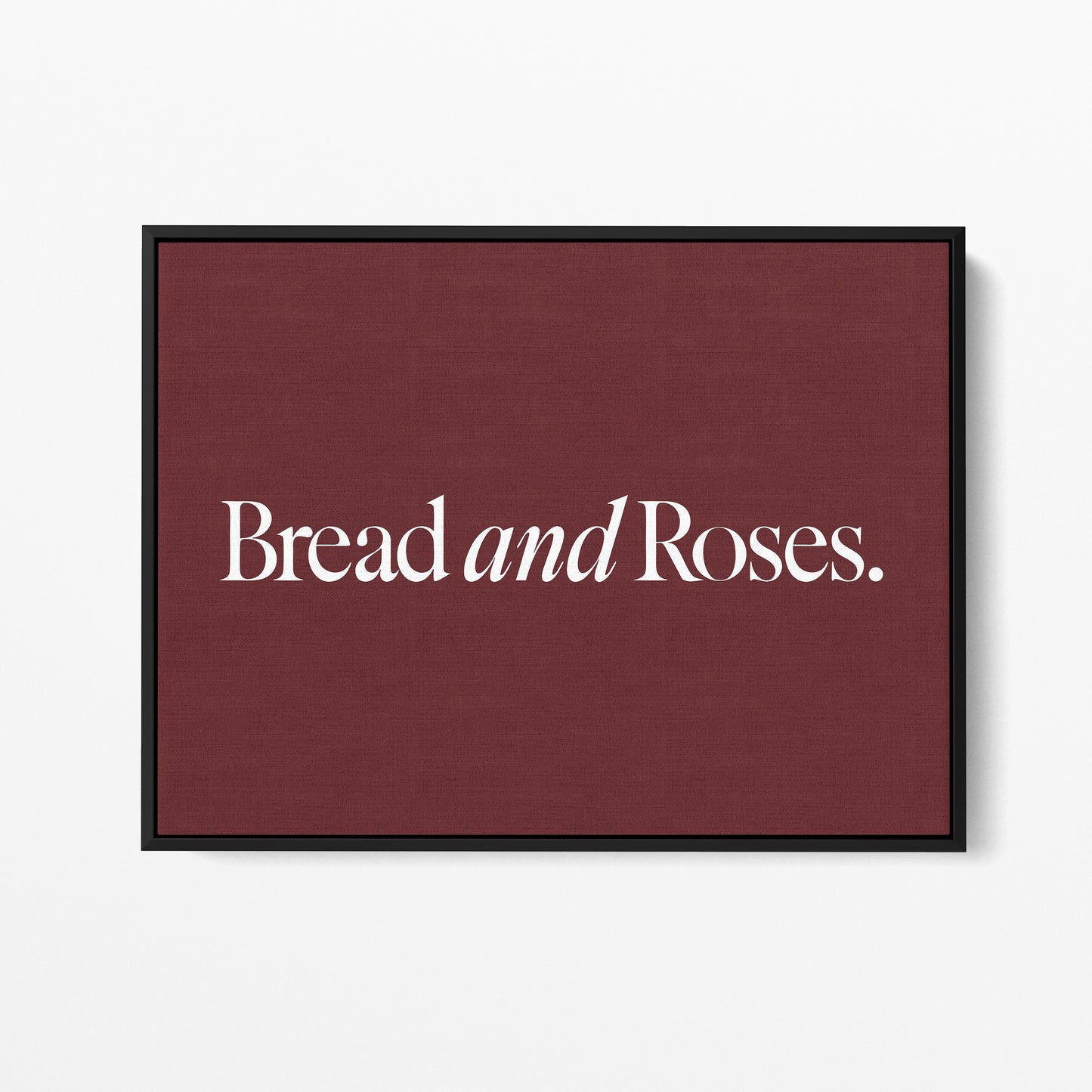 Bread and Roses — Quorum framed gallery canvas in black hardwood floater frame, landscape orientation