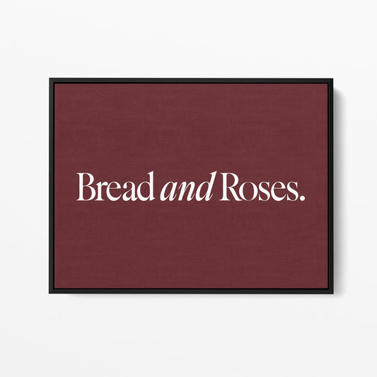 Bread and Roses — Quorum framed gallery canvas in black hardwood floater frame, landscape orientation
