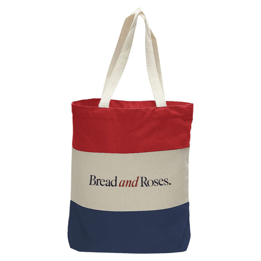 "Bread and Roses.", Quorum Tri-Color Canvas Tote in red, natural, and navy panelled cotton canvas