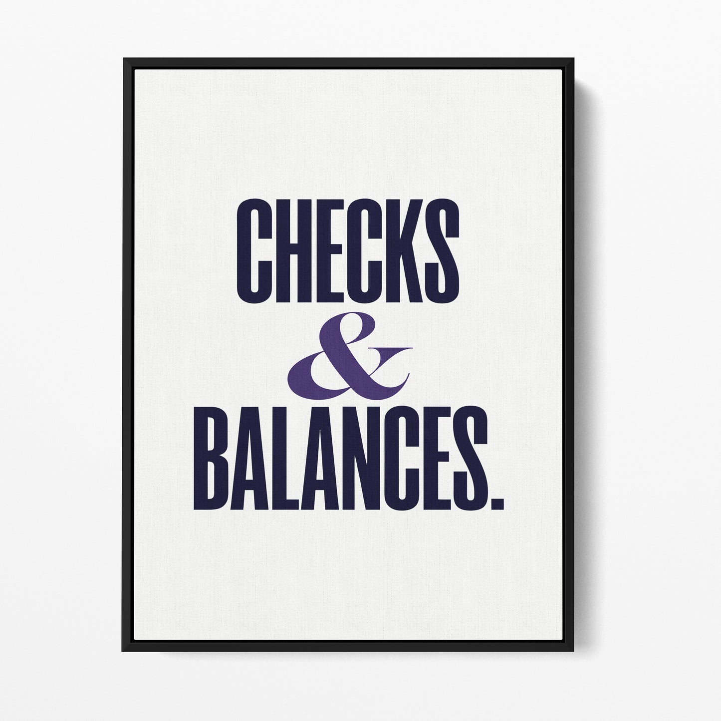 Checks and Balances — Quorum framed gallery canvas in black hardwood floater frame, portrait orientation