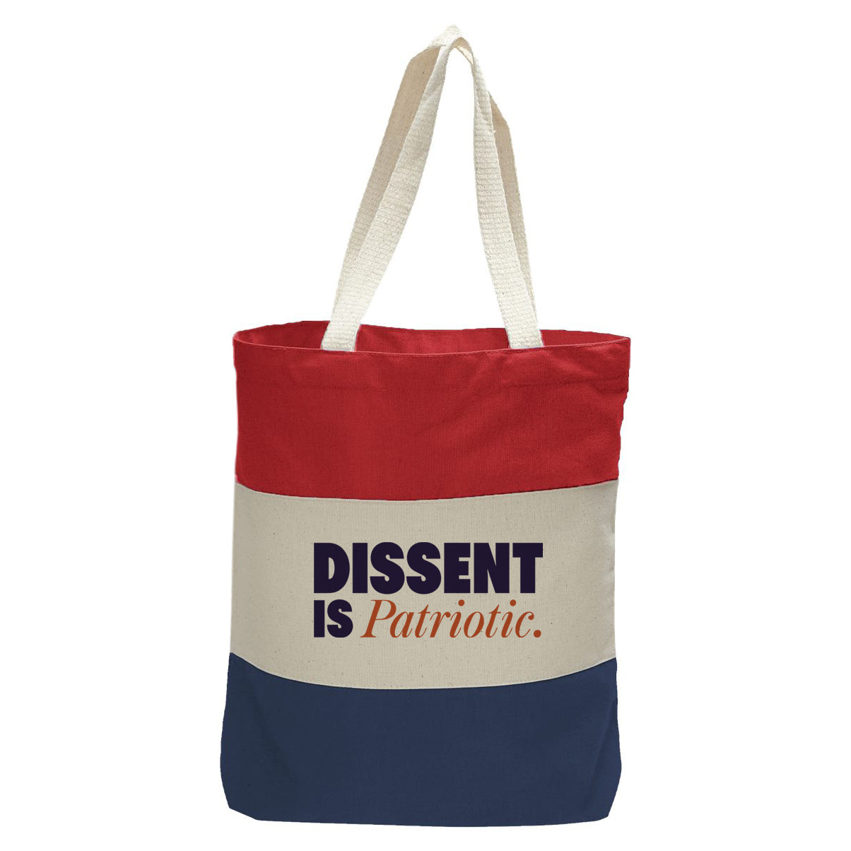 "Dissent Is Patriotic.", Quorum Tri-Color Canvas Tote in red, natural, and navy panelled cotton canvas