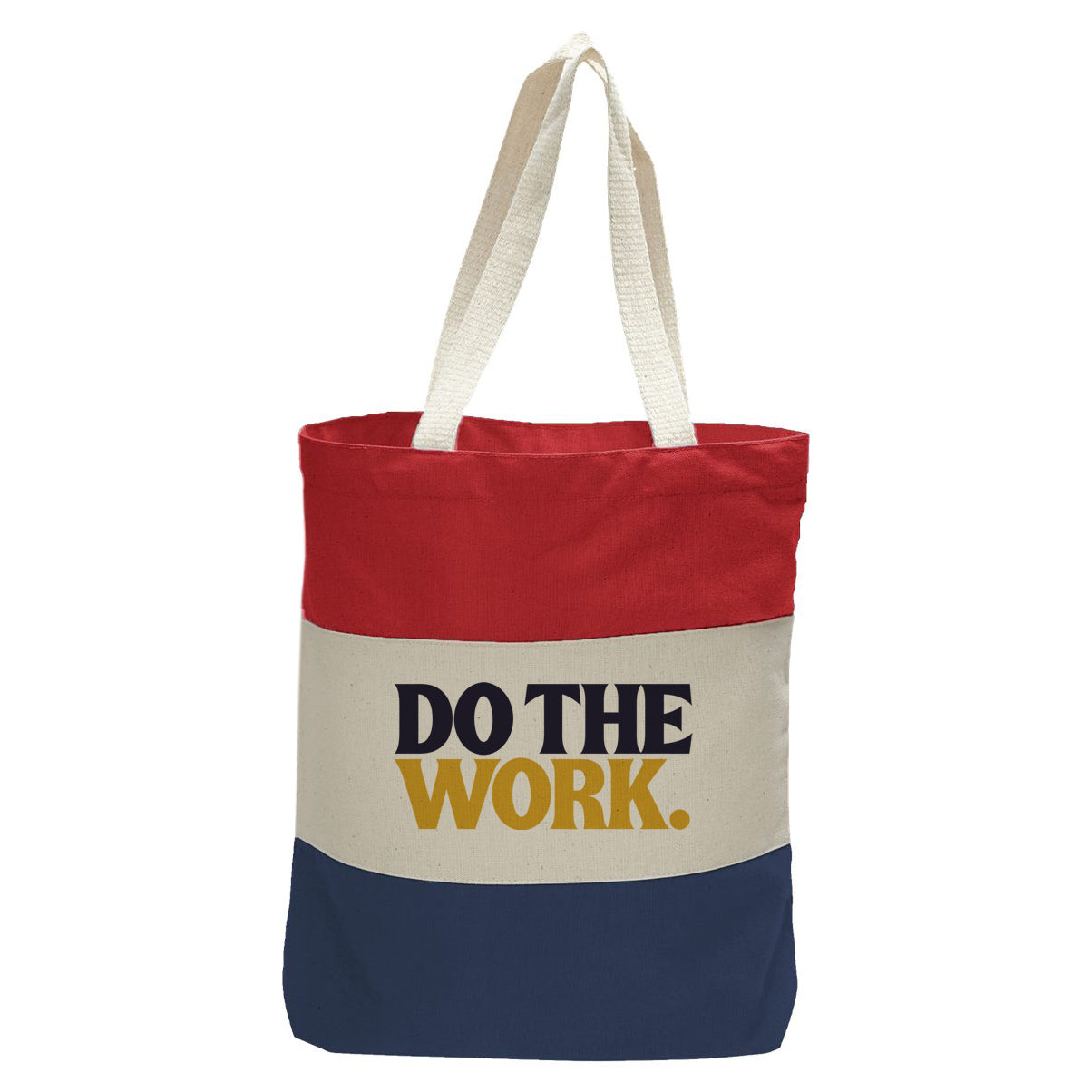 "Do the Work.", Quorum Tri-Color Canvas Tote in red, natural, and navy panelled cotton canvas
