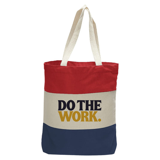 "Do the Work.", Quorum Tri-Color Canvas Tote in red, natural, and navy panelled cotton canvas