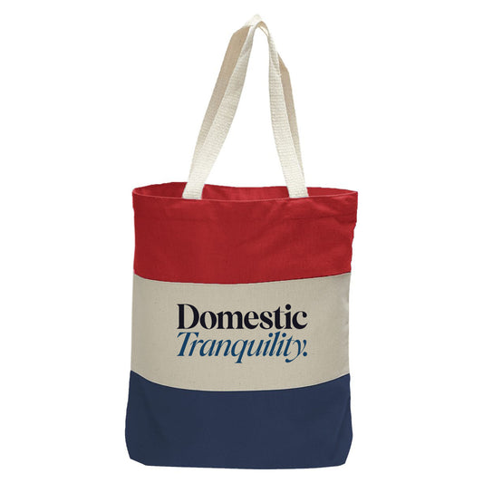 "Insure Domestic Tranquility.", Quorum Tri-Color Canvas Tote in red, natural, and navy panelled cotton canvas