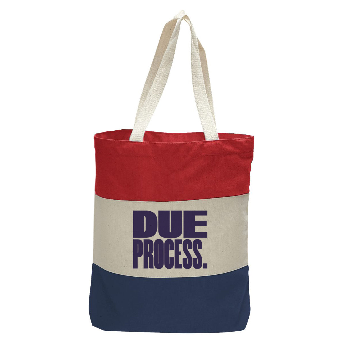 "Due Process.", Quorum Tri-Color Canvas Tote in red, natural, and navy panelled cotton canvas