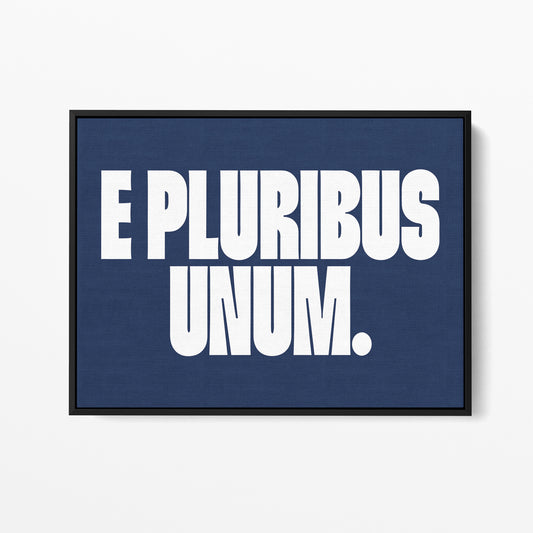 E Pluribus Unum — Quorum framed gallery canvas in black hardwood floater frame, landscape orientation