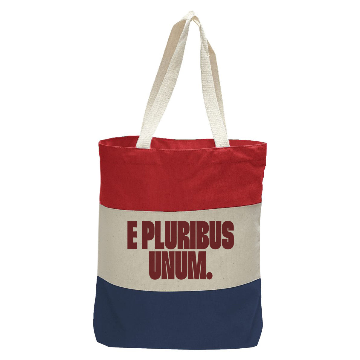 "E Pluribus Unum.", Quorum Tri-Color Canvas Tote in red, natural, and navy panelled cotton canvas