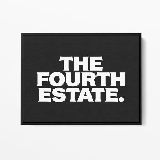 Fourth Estate — Quorum framed gallery canvas in black hardwood floater frame, landscape orientation