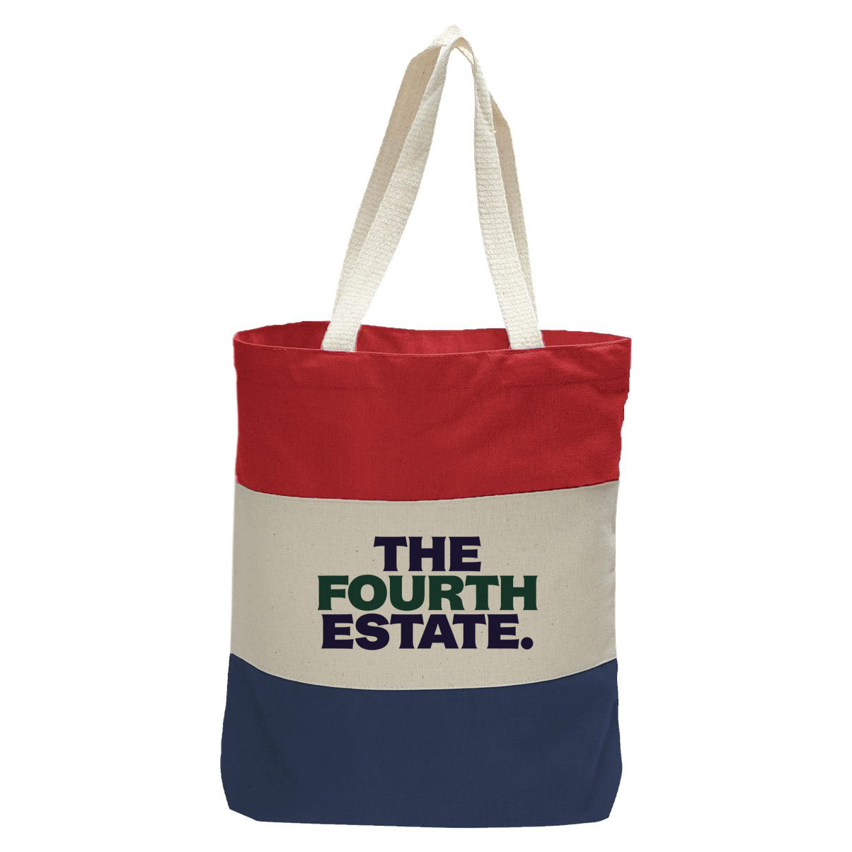 "The Fourth Estate.", Quorum Tri-Color Canvas Tote in red, natural, and navy panelled cotton canvas