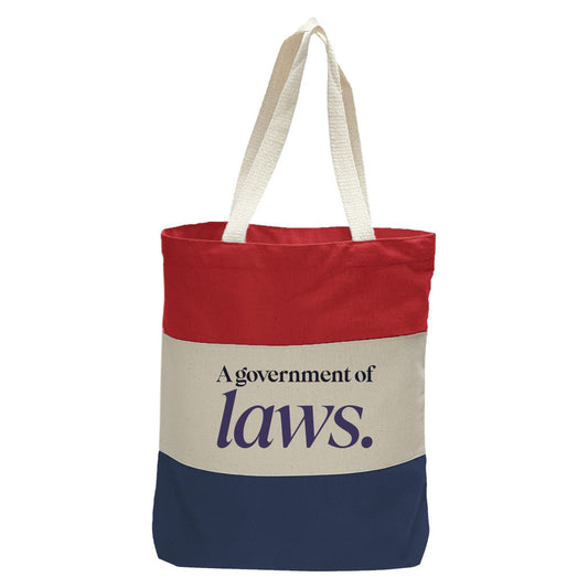 "A Government of Laws, Not of Men.", Quorum Tri-Color Canvas Tote in red, natural, and navy panelled cotton canvas