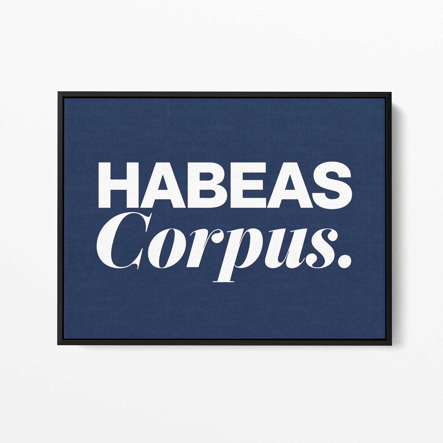 Habeas Corpus — Quorum framed gallery canvas in black hardwood floater frame, landscape orientation