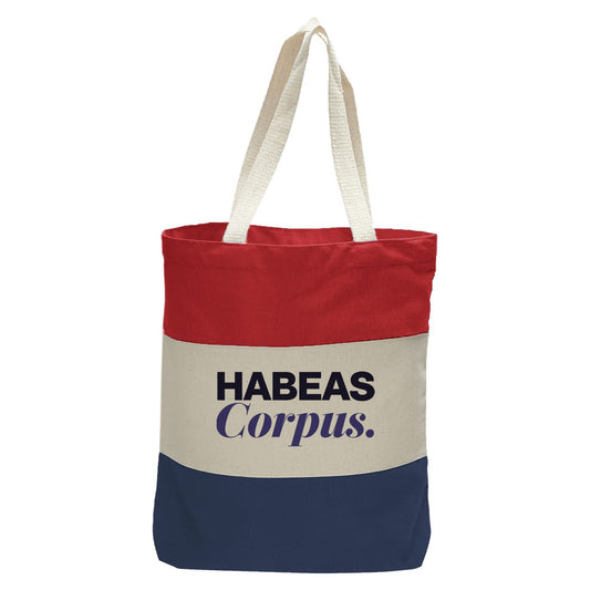 "Habeas Corpus.", Quorum Tri-Color Canvas Tote in red, natural, and navy panelled cotton canvas
